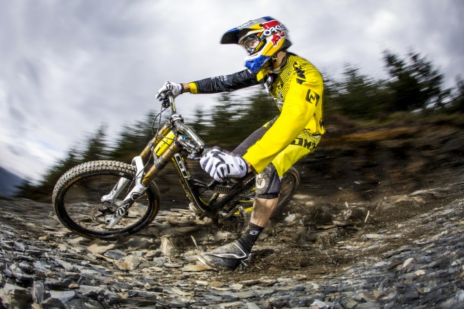 Gee Atherton quite literally shredding on the new bike.