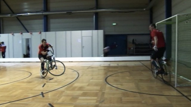 Germany's Manuel Kopp and his cycle-ball bike