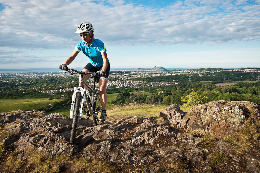 PENTLAND HILLS, 09 JULY 2014: Naomi Freireich mountain biking in the Pentland Hills, just outside Edinburgh, Scotland