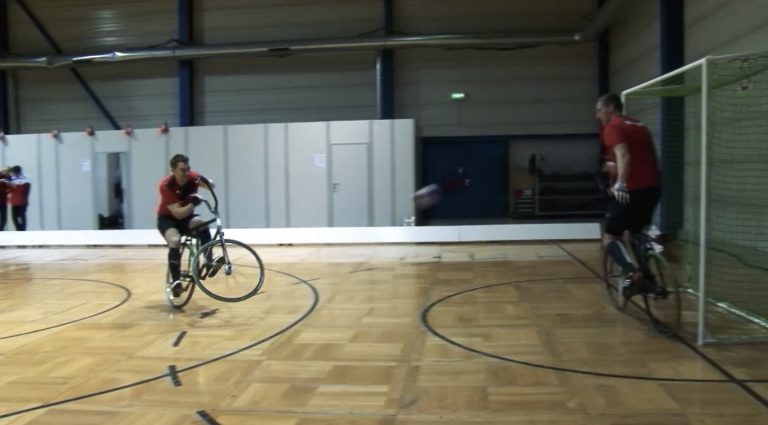Germany's Manuel Kopp and his cycle-ball bike