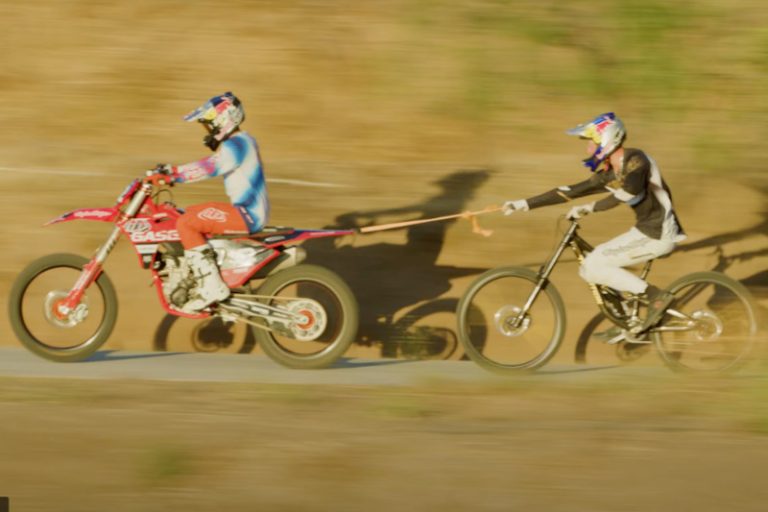 Video: Dirtbike tow in to FMX jumps on Mountain Bike with Jaxson Riddle